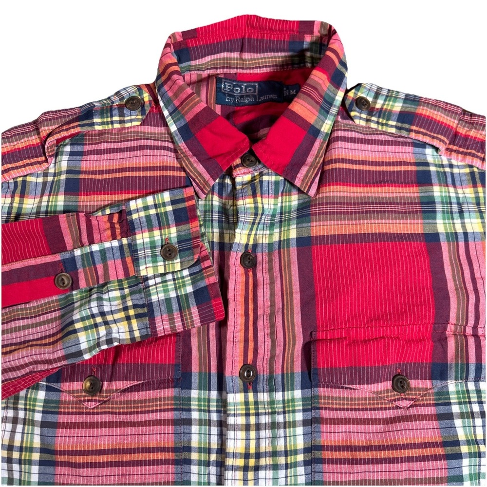 Polo Ralph Lauren Men's M Madras Plaid Long Sleeve Button‎ Down Epaulets VtG